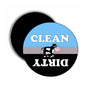 Round dishwasher magnet with cow graphic and text CLEAN and DIRTY, blue and black design