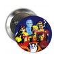 Silver round pinback button with colorful cartoon faces graphic, 2.25-inch