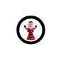 Animated Santa Claus figure in red suit with raised arms inside black circular frame