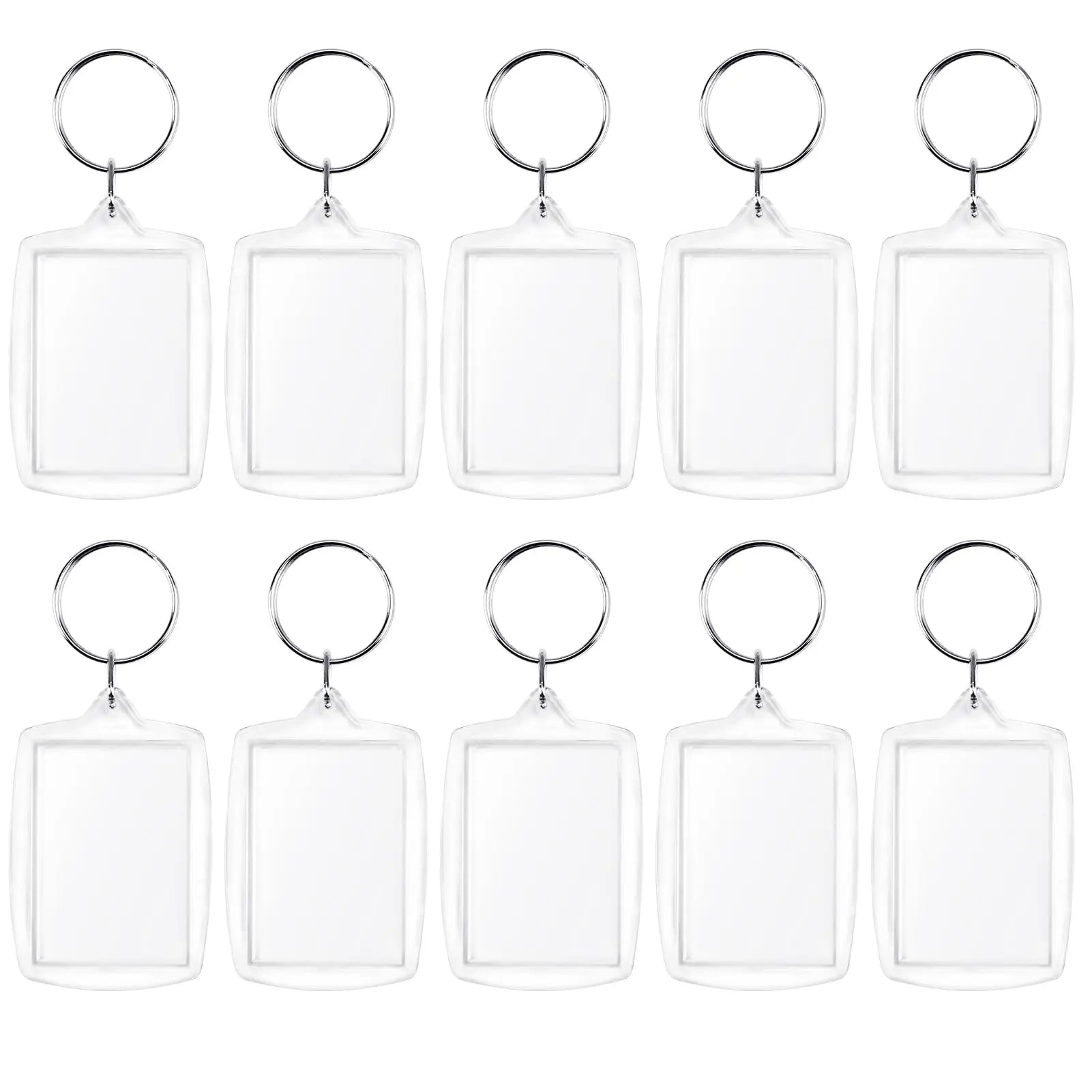 Clear acrylic rectangle photo keyrings, blank inserts with metal split rings (10-pack)