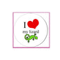 Lizard pinback badge: 'I love my lizard', red heart, green lizard in circle