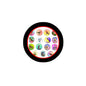 Round pinback button with multicolor bird collage artwork