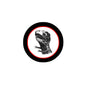 Black round dinosaur illustration pinback button with red inner border