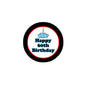 Blue Happy 60th Birthday pinback button with cloud icon and candle, black rim