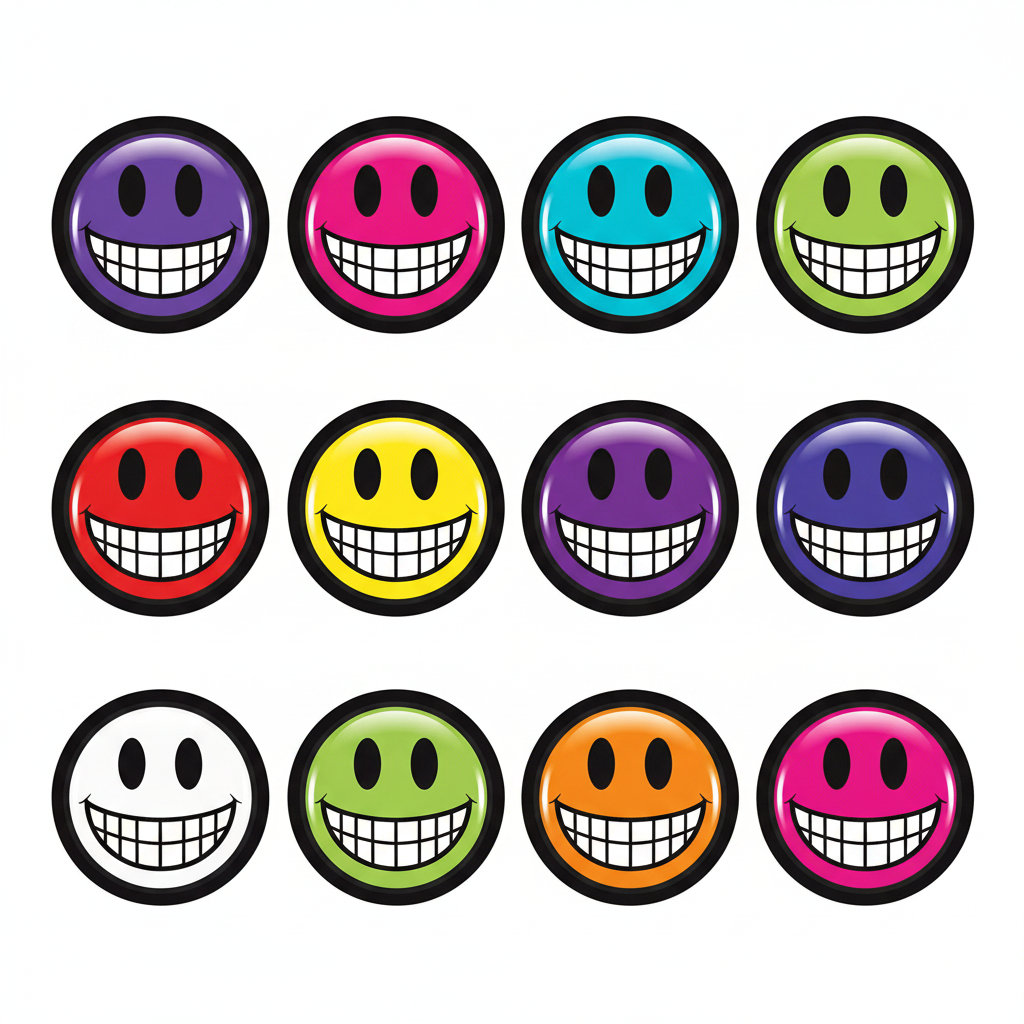 A grid of 12 circular cartoon smiley faces with different colors, including purple, pink, blue, green, red, yellow, orange, and white, on a plain white background.