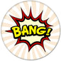 Round comic pinback button with 'BANG!' burst graphic on striped cream background