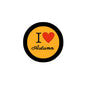 Autumn badge pin with orange center, black border, red heart, and “I Heart Autumn” text
