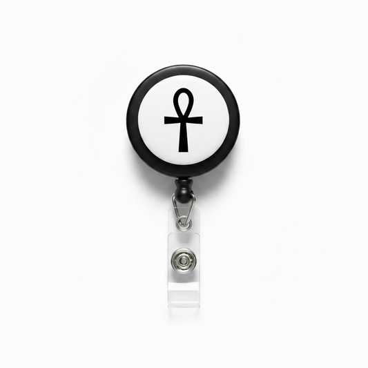 ANHK retractable badge reel with black round case and cross emblem, clear badge clip
