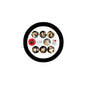 Round pinback button with black rim and character collage graphic in a white center