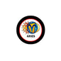 2.25-inch Aries pinback button with black rim and colorful Aries emblem