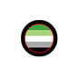 Round aromantic pride flag pinback button with black border and multicolor stripes