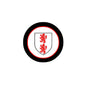 Round coat of arms magnet with red shield on white, black and red rim.