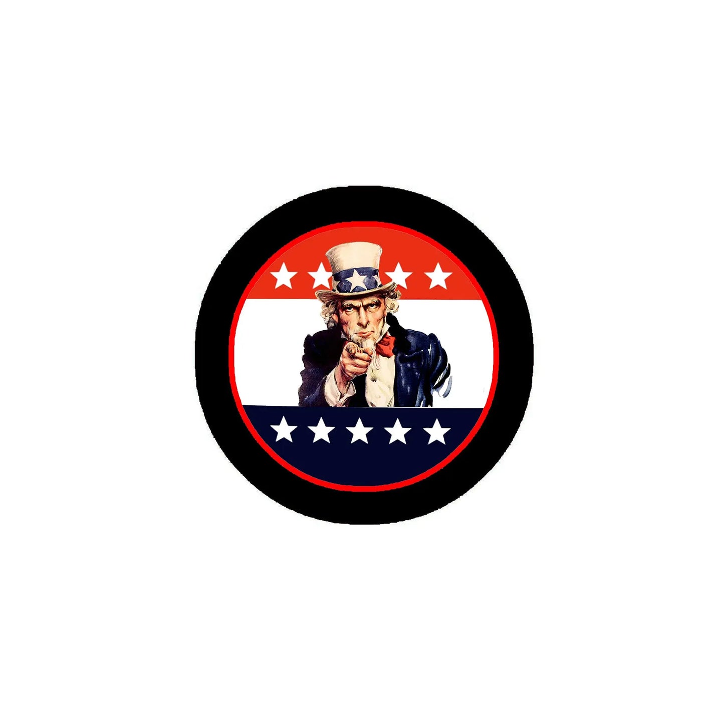 Uncle Sam pinback button, circular black-and-red with stars and stripes