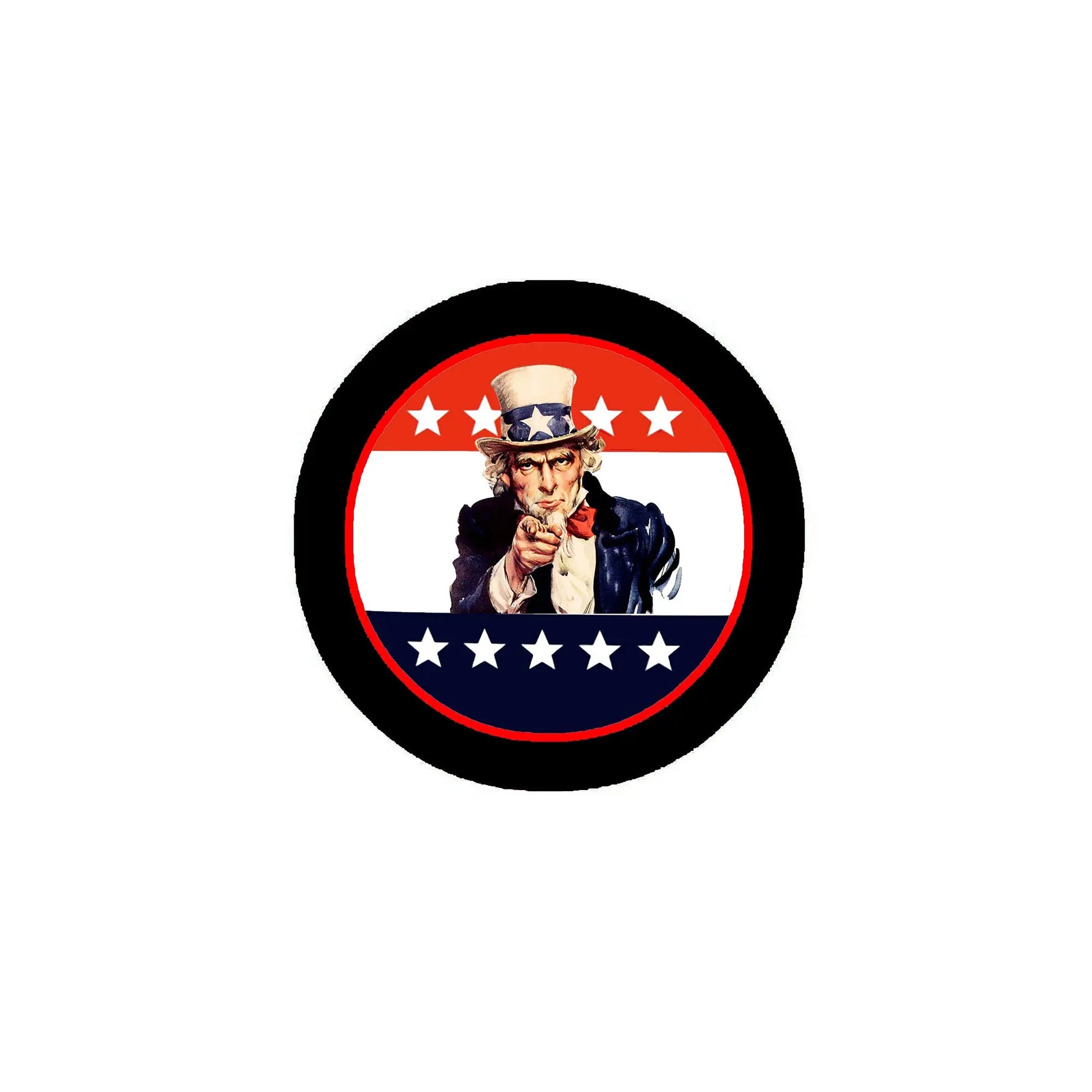 Uncle Sam pinback button, circular black-and-red with stars and stripes