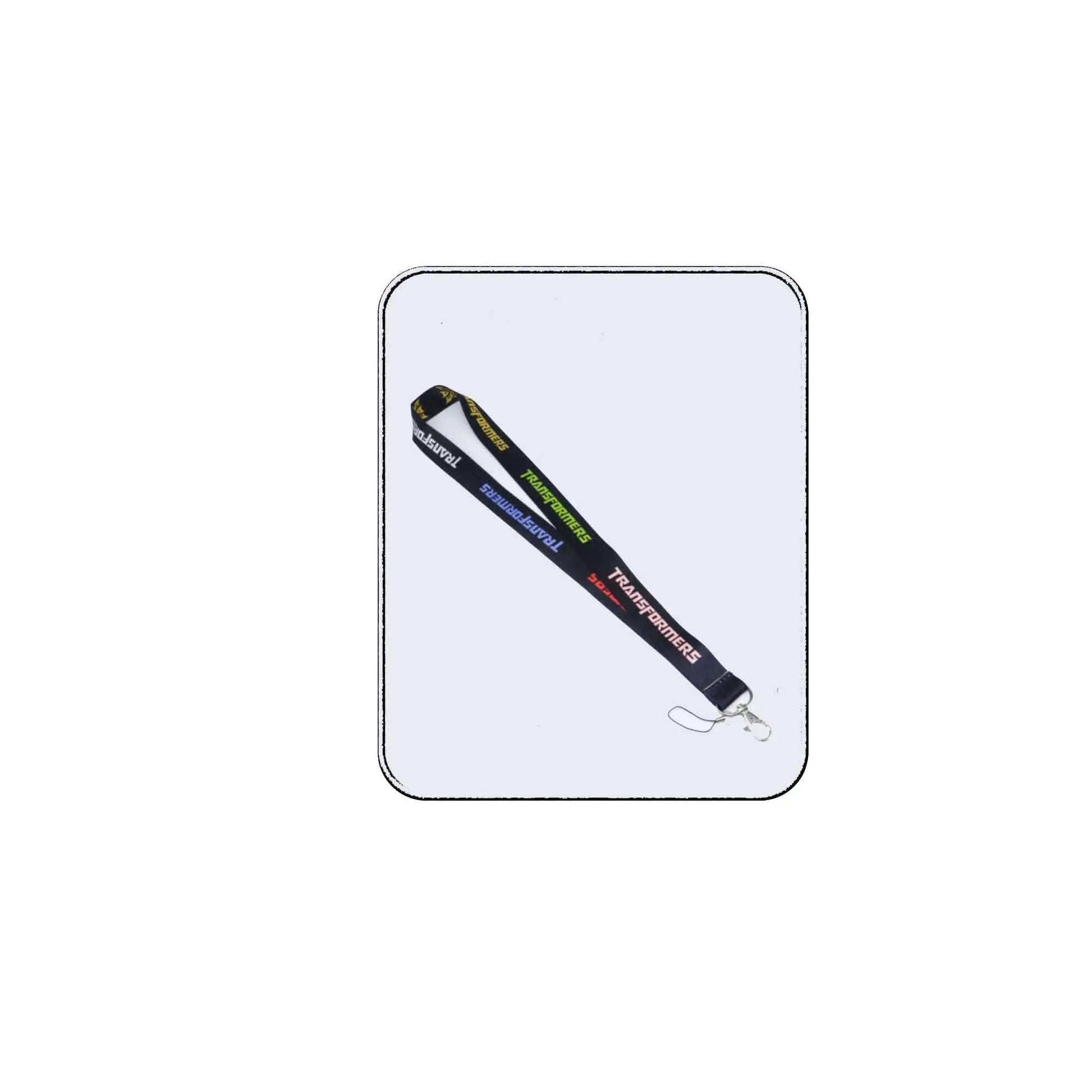 Colorful themed lanyard with hook and phone string, black strap with multicolor print