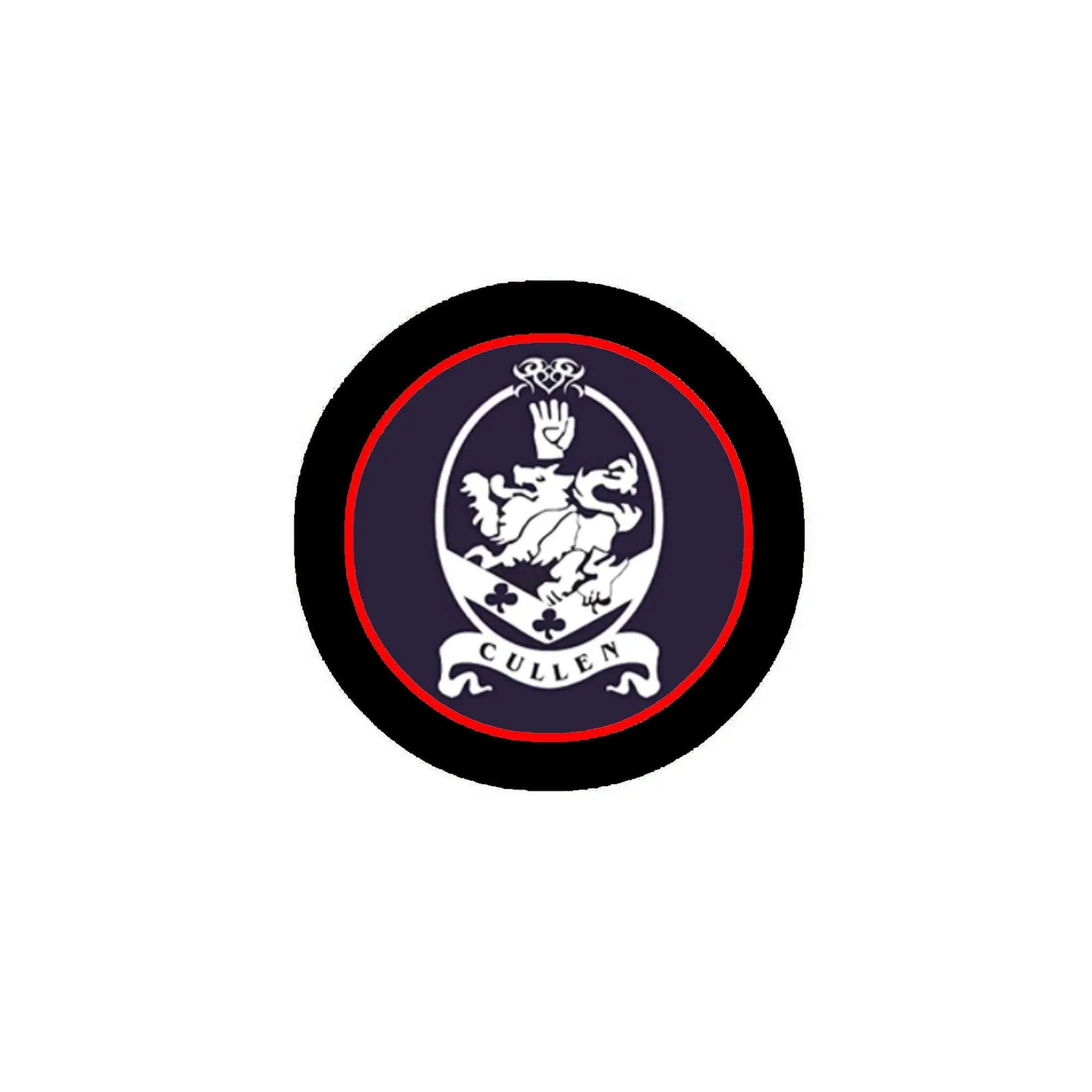 Round 1.25-inch pinback button with Cullen crest emblem, red/white on dark background