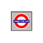 Square pinback badge: red-and-white circle with blue MIND THE GAP text