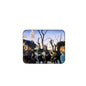 Rectangular mouse pad with blue border and surreal landscape artwork with trees and figures
