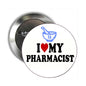 Round silver pharmacist pinback button with blue Rx emblem and 'I ♥ MY PHARMACIST' text