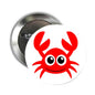 Red crab face pinback button, white background, shiny silver metal back, 1.25 in