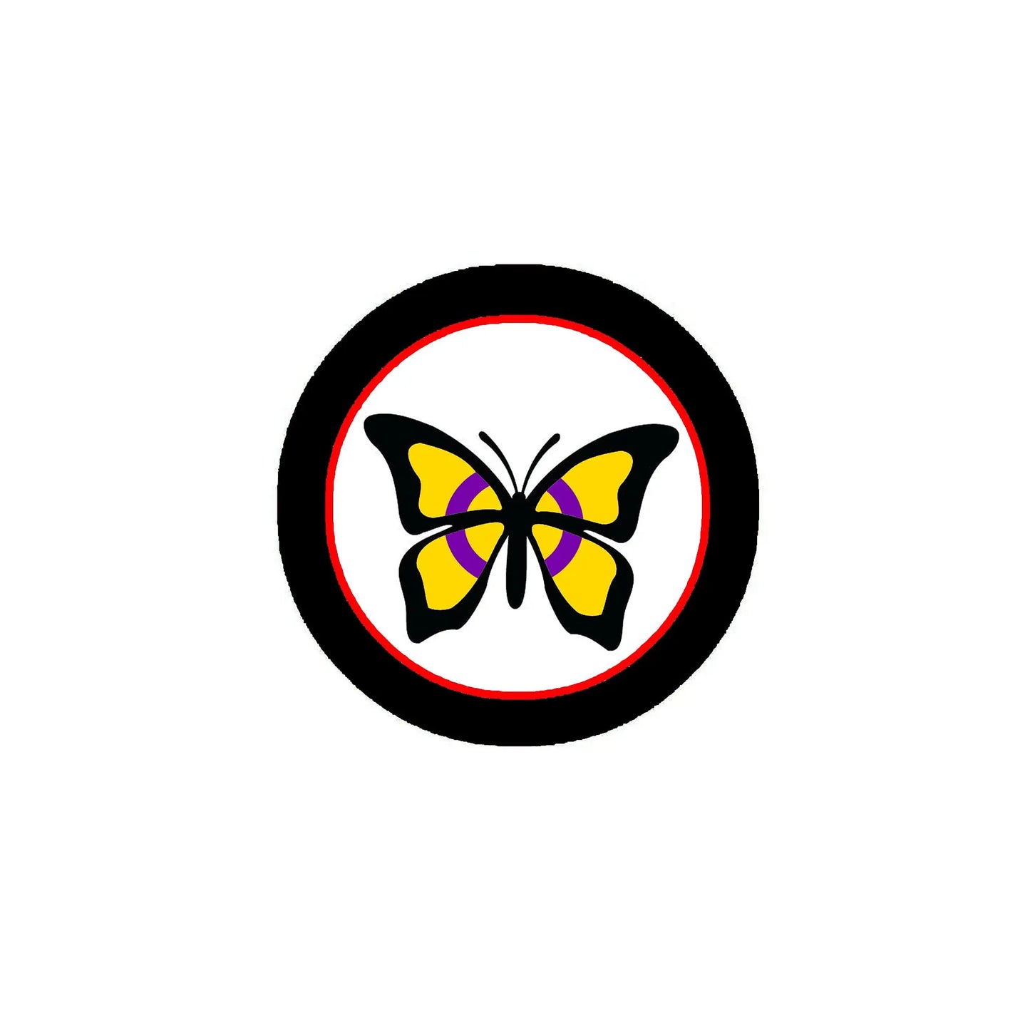 Intersex butterfly pinback, 2.25-inch round black border, multicolor butterfly