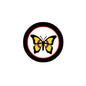 Intersex butterfly pinback, 2.25-inch round black border, multicolor butterfly