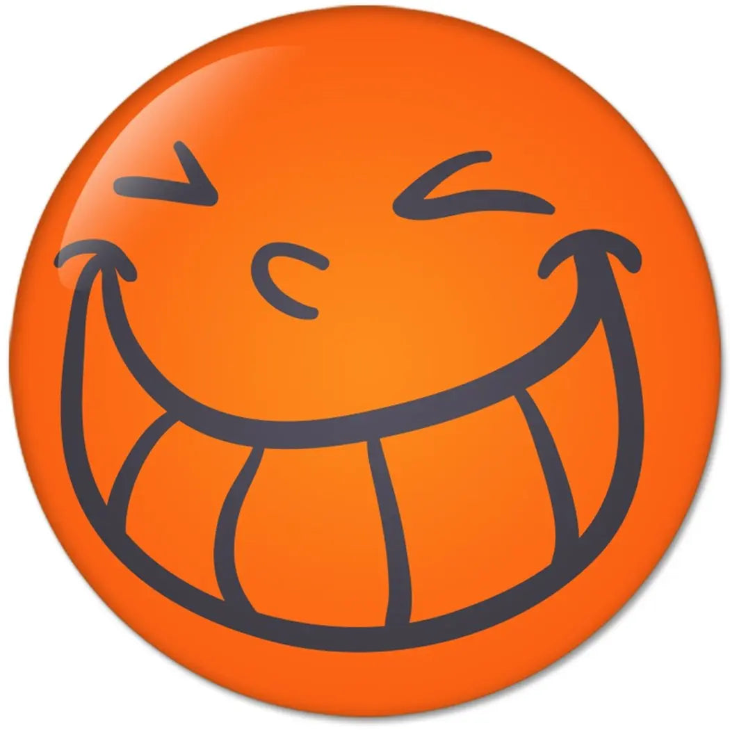 Orange smiley pinback button with laughing grin and open eyes