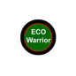 1.25-inch pinback button: black rim, green center, red border, 'ECO Warrior'.