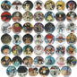 Assorted round anime character pinback buttons with colorful illustrated faces