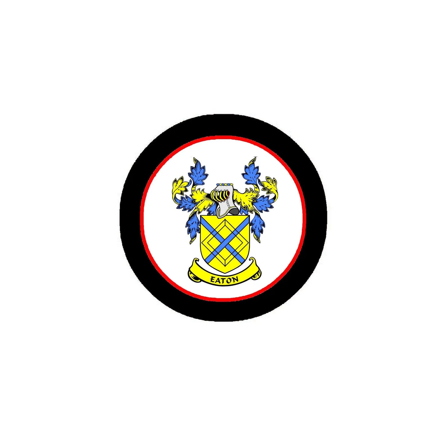 Round Eaton coat of arms pinback with black rim, white center, blue and gold crest