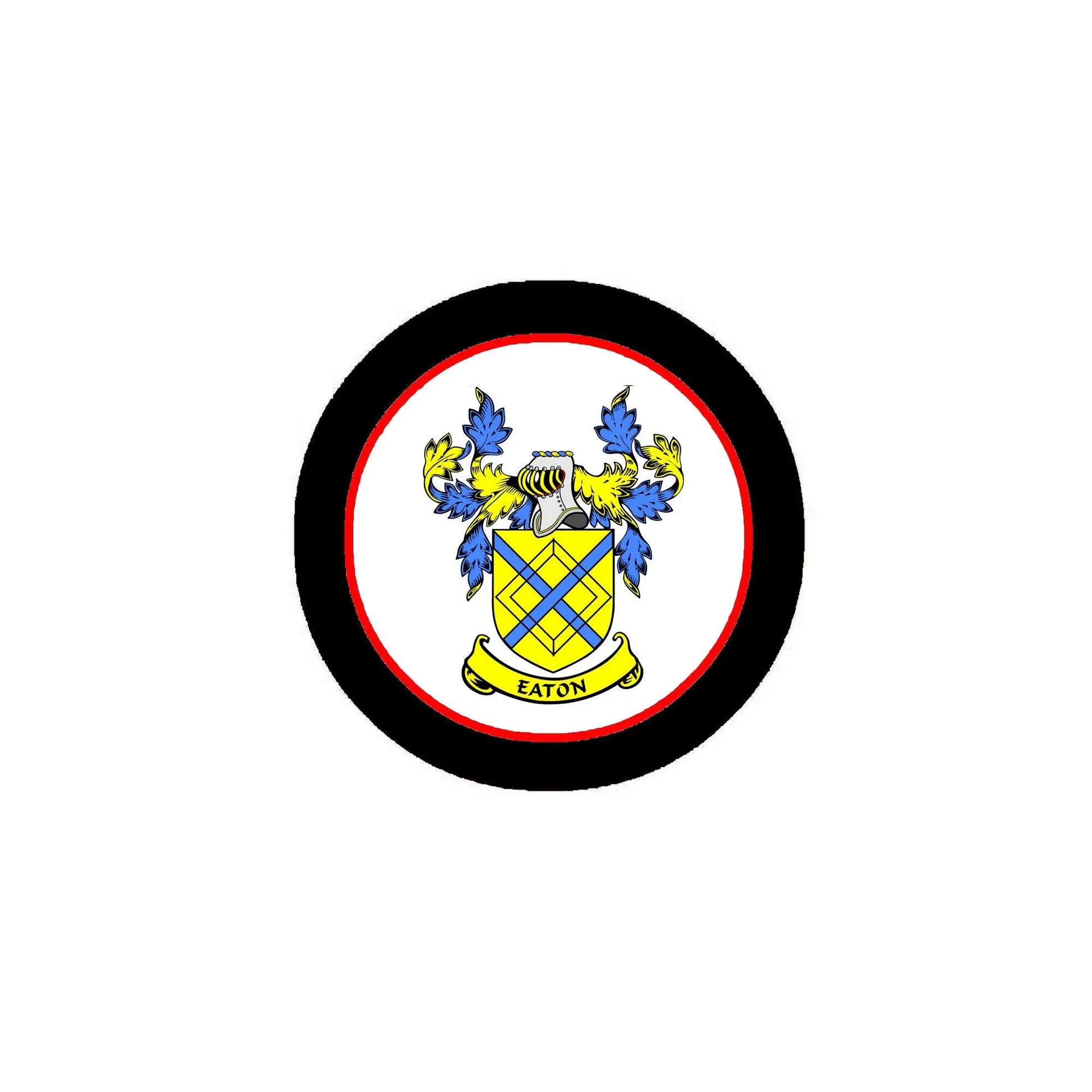 Round Eaton coat of arms pinback with black rim, white center, blue and gold crest