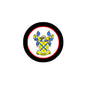 Round Eaton coat of arms pinback with black rim, white center, blue and gold crest