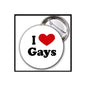 Round pinback button with white face, red heart, and black 'Gays' text