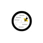 Round black-edged pinback button with bumblebee illustration and repeated 'Buzzzzzz' text