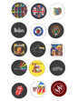 Assorted circular rock music button badge pinbacks with band-themed artwork