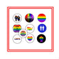 Set of round pride pinback buttons with rainbow and LGBTQ symbol designs