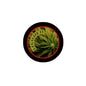 Round weed-themed pinback button with green cannabis leaves and red text on black border