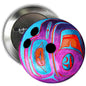 2.25-inch round pinback badge with colorful tribal graphic, turquoise, purple, orange