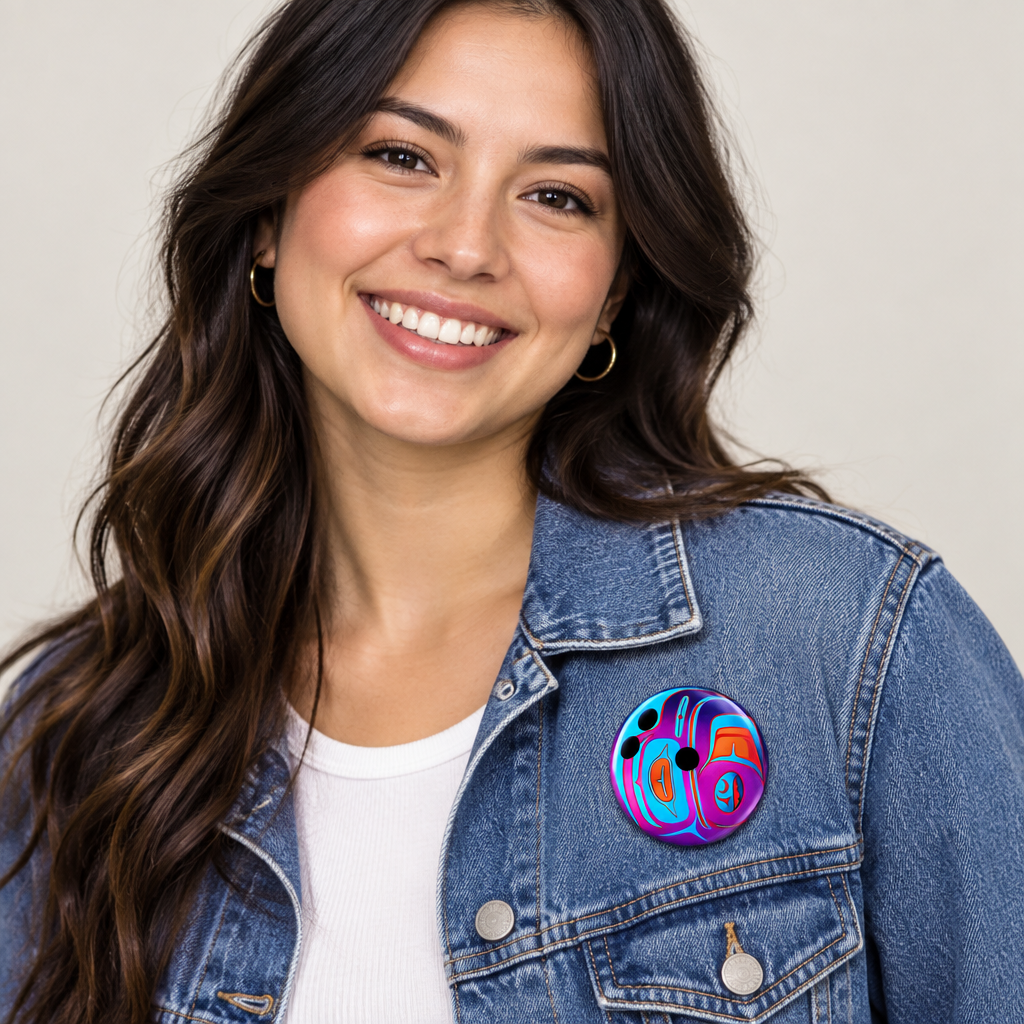 A smiling woman with long dark brown hair wears a colorful circular pin badge on her blue denim jacket. The badge features a psychedelic, swirling pattern of purple, blue, orange, and black.