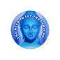 Blue pinback button with blue goddess face and text “NEVER LET THAT SHIT GO”