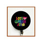 Round retractable badge reel with black face and colorful Love Peace Joy design