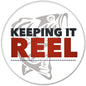 KEEPING IT REEL pinback button, 2.25-inch, white with red and black lettering