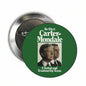 Round green political pinback button badge with Carter Mondale text and two candidate portraits