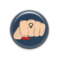 Round blue pinback button badge with illustrated clenched fist and gender symbol