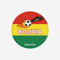 Round Bolivia football pinback button with soccer ball and “Qatar 2022” text