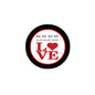 Black 2.25-inch pinback button with LOVE logo, red hearts, and red text on white