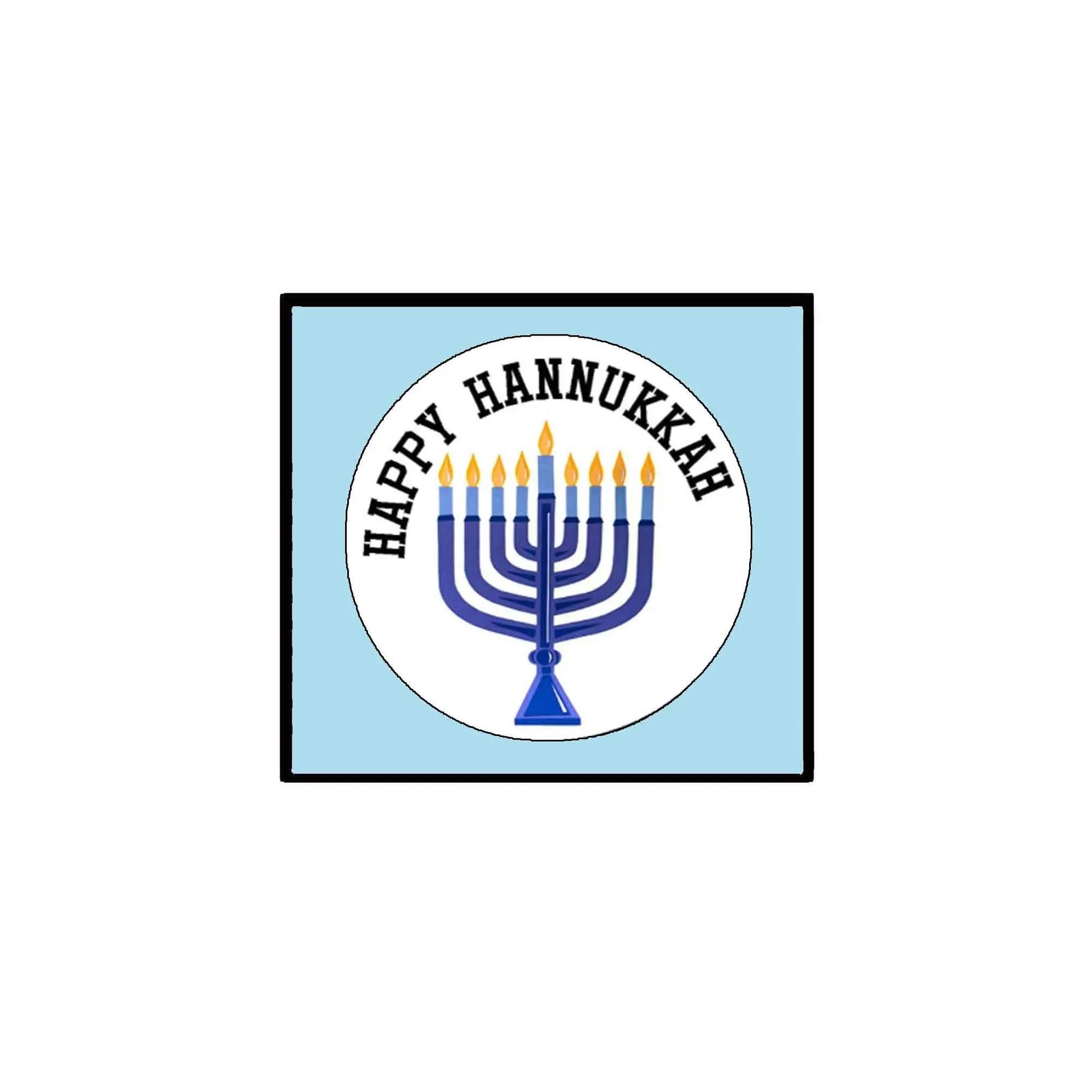 Hanukkah pinback badge with Happy Hanukkah text and blue menorah graphic