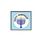 Hanukkah pinback badge with Happy Hanukkah text and blue menorah graphic