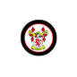 Round family crest pinback badge with colorful heraldic shield in black border