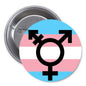 Transgender pride pinback button with black symbol on rainbow flag stripes